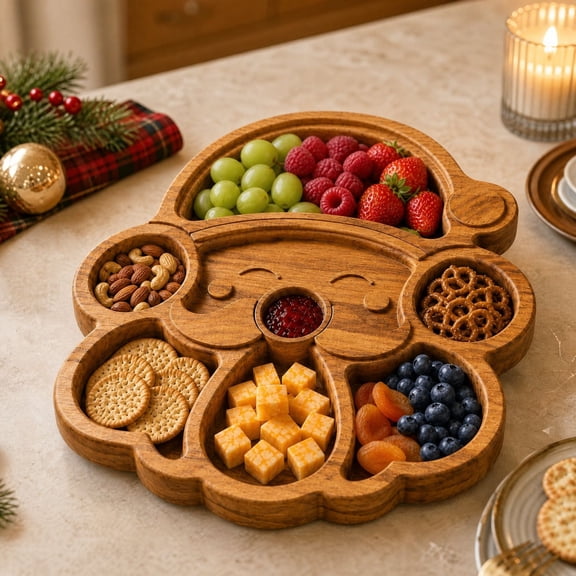 Ratfeit Wooden Snowman Divided Serving Tray, Multi-Compartment Holiday Snack Platter for Presenting Cheeses, Fruits, Nuts, and Winter Banquet Appetizers