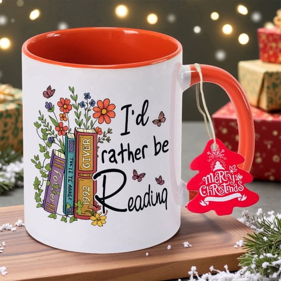 I'd Rather Be Reading Book Lover Ceramic Mug - Floral Stack Books & Reading Design Coffee Cup, Reusable Drinkware, Hand Wash Only, Durable Tea/Coffee Cup for Bookshelf Decor, Teacher Gifts