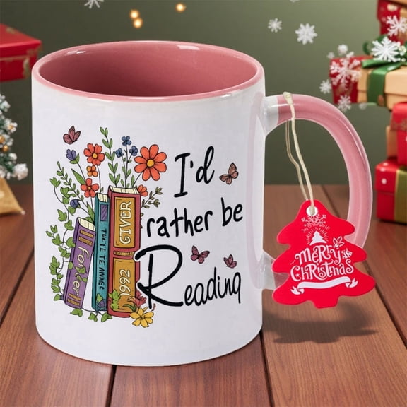 I'd Rather Be Reading Book Lover Ceramic Mug - Floral Stack Books & Reading Design Coffee Cup, Reusable Drinkware, Hand Wash Only, Durable Tea/Coffee Cup for Bookshelf Decor, Teacher Gifts