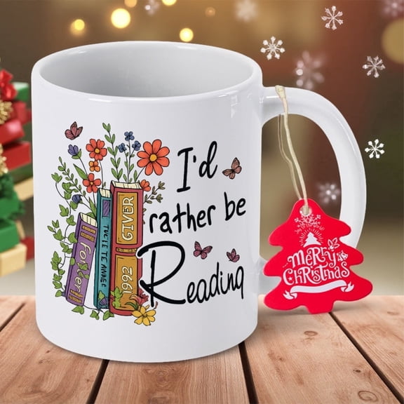 I'd Rather Be Reading Book Lover Ceramic Mug - Floral Stack Books & Reading Design Coffee Cup, Reusable Drinkware, Hand Wash Only, Durable Tea/Coffee Cup for Bookshelf Decor, Teacher Gifts