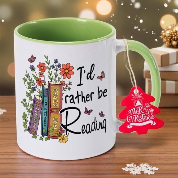 I'd Rather Be Reading Book Lover Ceramic Mug - Floral Stack Books & Reading Design Coffee Cup, Reusable Drinkware, Hand Wash Only, Durable Tea/Coffee Cup for Bookshelf Decor, Teacher Gifts