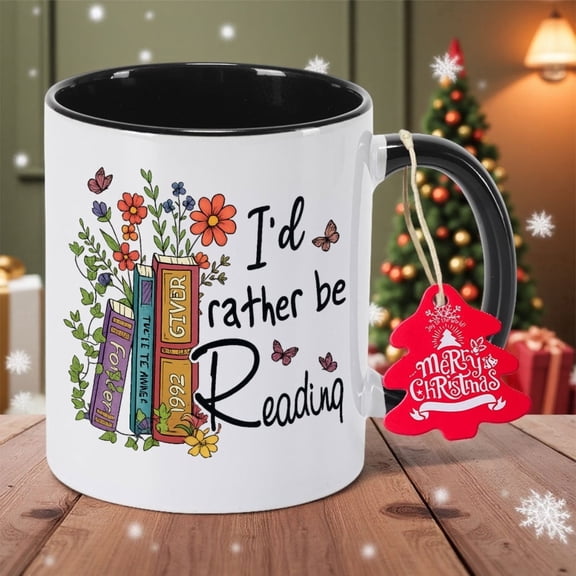 I'd Rather Be Reading Book Lover Ceramic Mug - Floral Stack Books & Reading Design Coffee Cup, Reusable Drinkware, Hand Wash Only, Durable Tea/Coffee Cup for Bookshelf Decor, Teacher Gifts