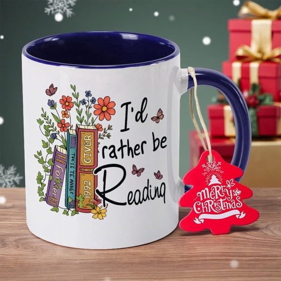 I'd Rather Be Reading Book Lover Ceramic Mug - Floral Stack Books & Reading Design Coffee Cup, Reusable Drinkware, Hand Wash Only, Durable Tea/Coffee Cup for Bookshelf Decor, Teacher Gifts