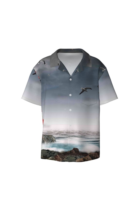3d Lighthouse in the Surf Print Mens Casual Short Sleeve Shirts Button Down Textured Shirts Summer Beach Shirt with Pocket Men's Casual Short-sleeved Shirt