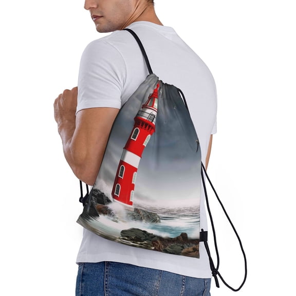 Ratiio 3d Lighthouse in the Surf Print Drawstring Backpack Bag Sport Gym Sackpack Heavy Duty String Backpack for Men Women