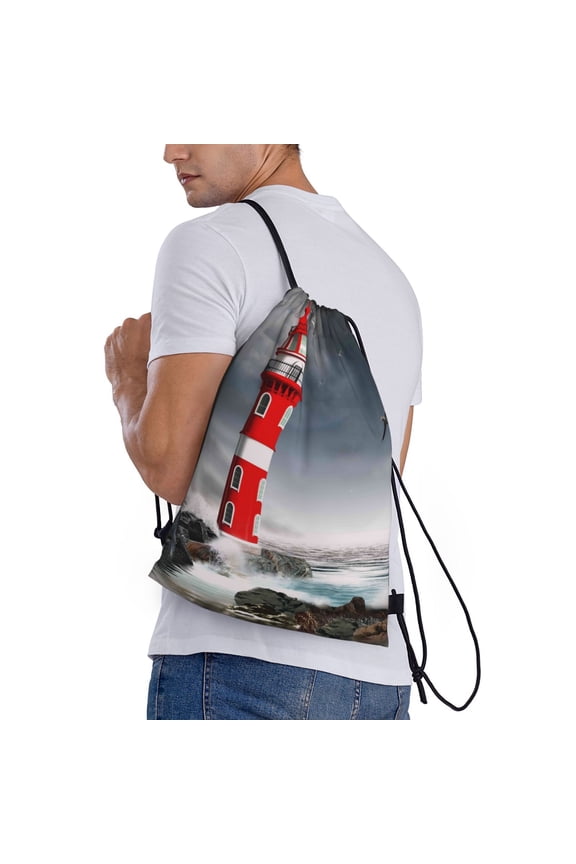 3d Lighthouse in the Surf Print Drawstring Backpack Bag Sport Gym Sackpack Heavy Duty String Backpack for Men Women