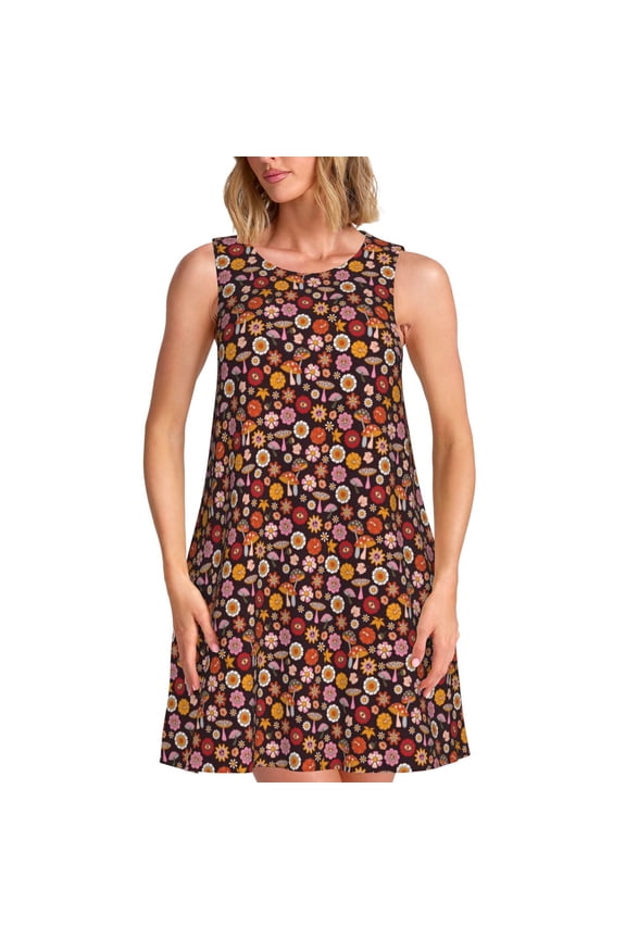 70s Groovy Hippie Retro Pattern Women's Sleeveless Dress - Casual Summer Dress with Pockets, Above Knee Length, Round Neck, Ideal for Beach, Vacation, Work