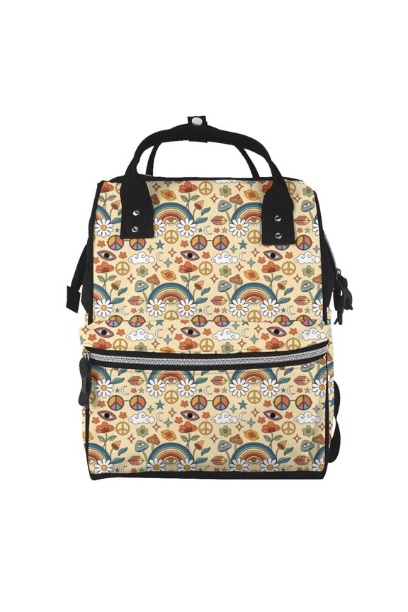 70s Hippie Style Mummy Backpack - Waterproof Twill Canvas, Large Capacity Diaper Bag with Multiple Pockets and Adjustable Straps