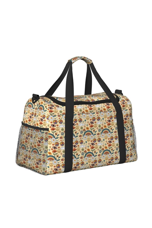 70s Hippie Style Pattern Hand Travel Bag, Weekender Carry On for Women Men, Sports Gym Bag, Workout Duffel Bag, Overnight Shoulder Bag fit 15.6 Inch Laptop
