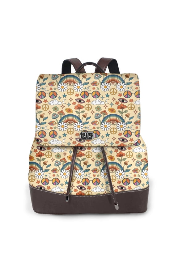 70s Hippie Style Pattern Womens Backpack Purse Leather Backpack Purse for Women Travel Fashion Backpack Designer Ladies Shoulder Bags