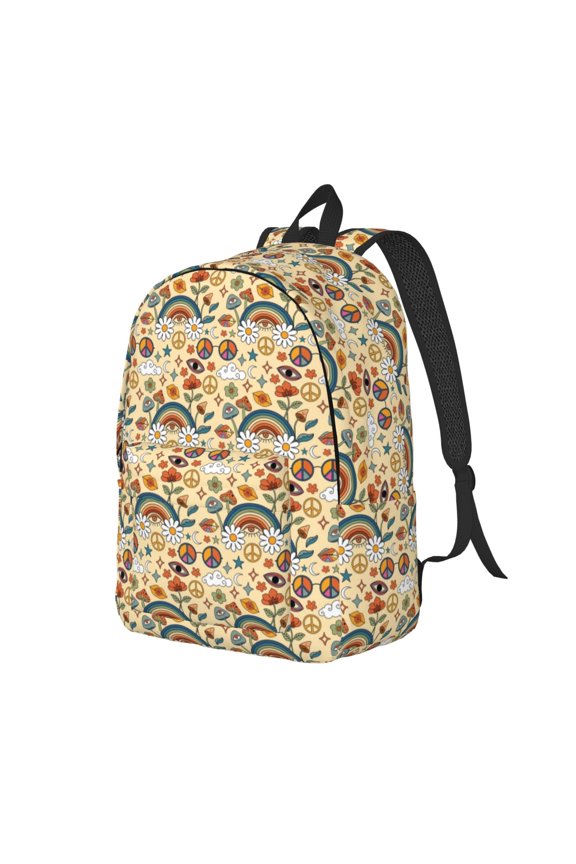 70s Hippie Style Print Canvas Backpack for Women & Men Retro Aesthetic Rucksack Basic Backpack for High School/College Students Travel Laptop Bag