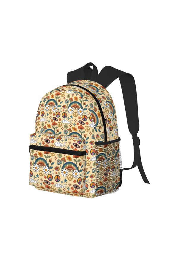 70s Hippie Style Print Casual Backpack for Men and Women, Water Resistant Oxford Fabric School Bag Lightweight Travel Daypack