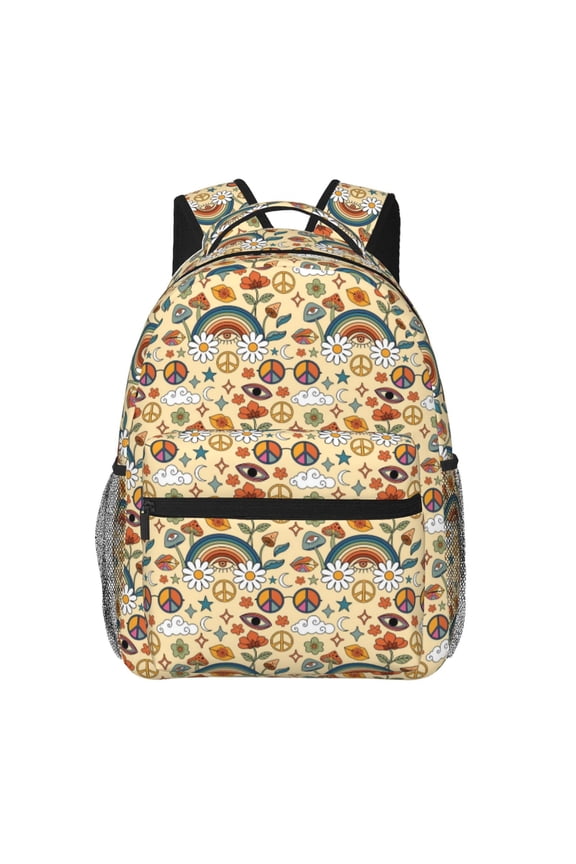 70s Hippie Style Print Eco-Friendly Casual Backpack, Water-Resistant Polyester Canvas Daypack with Smooth Zippers, Comfortable & Durable Travel Bag with Laptop Compartment