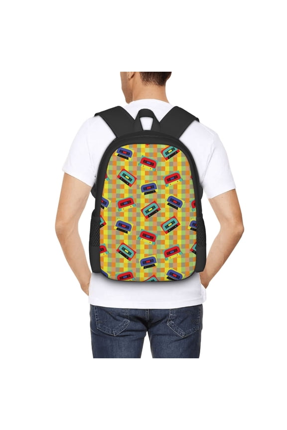90s Audio Tape Backpack for Men and Women - Durable 600D Oxford Cloth -Large Capacity, Water-Resistant School, Travel, and Hiking Bag