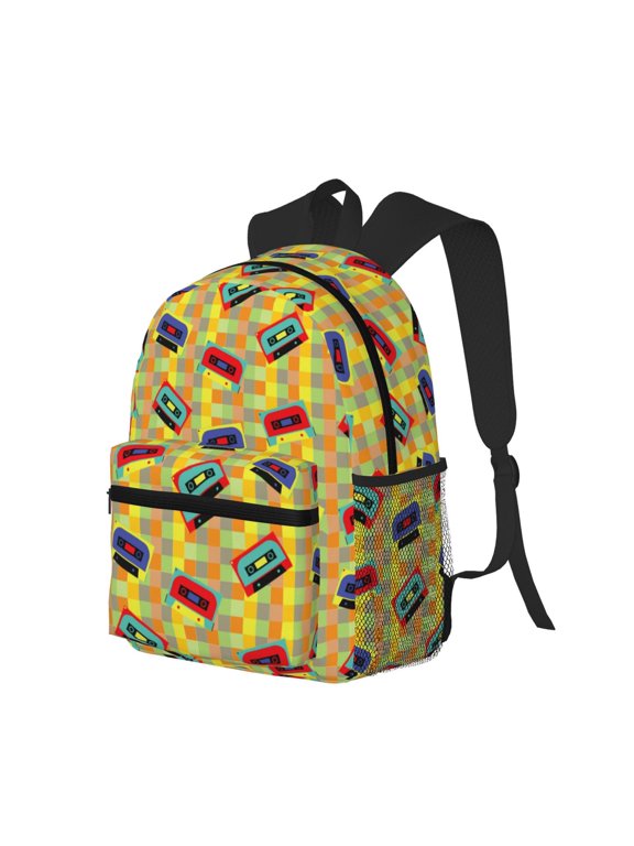 90s Audio Tape Print Casual Backpack for Men and Women, Water Resistant Oxford Fabric School Bag Lightweight Travel Daypack