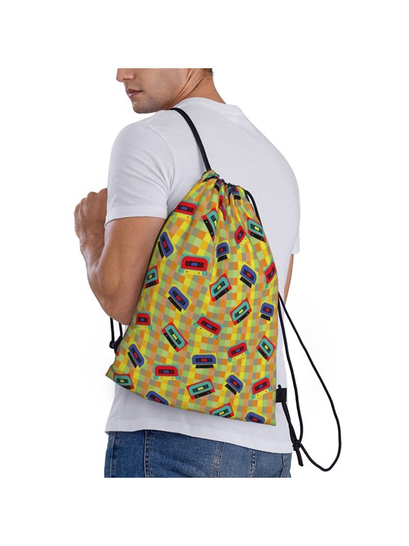 90s Audio Tape Print Drawstring Backpack Bag Sport Gym Sackpack Heavy Duty String Backpack for Men Women