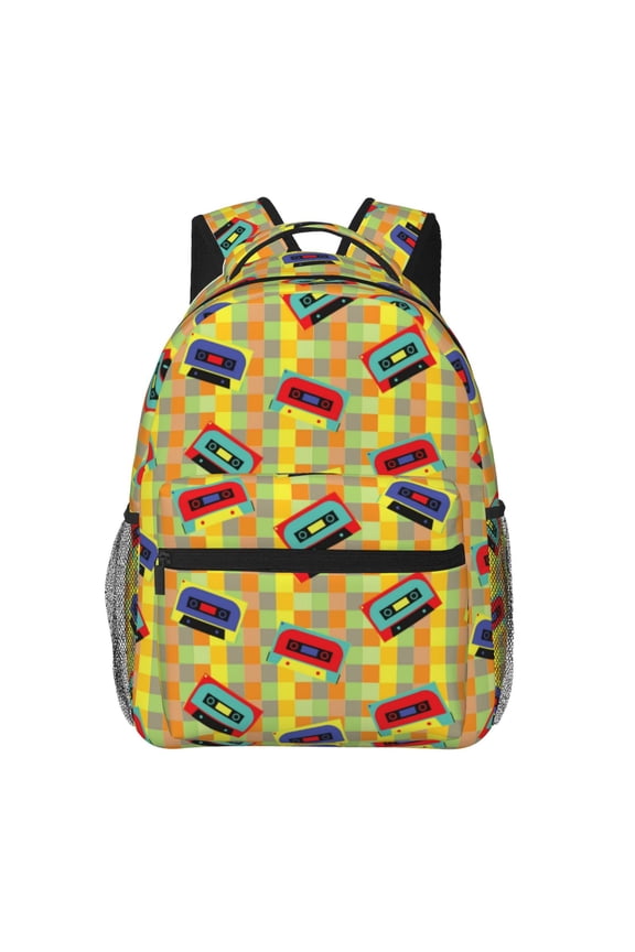 90s Audio Tape Print Eco-Friendly Casual Backpack, Water-Resistant Polyester Canvas Daypack with Smooth Zippers, Comfortable & Durable Travel Bag with Laptop Compartment