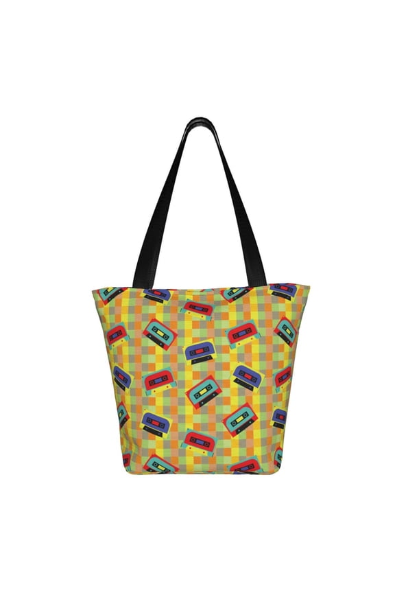 90s Audio Tape Print Shoulder Bag for Women, Polyester Crossbody Purse Lightweight Handbag for Daily Travel and Casual Use