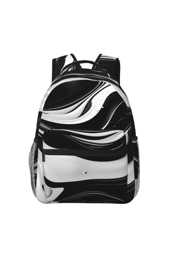 Abstract Black White Swirls Print Eco-Friendly Casual Backpack, Water-Resistant Polyester Canvas Daypack with Smooth Zippers, Comfortable & Durable Travel Bag with Laptop Compartment
