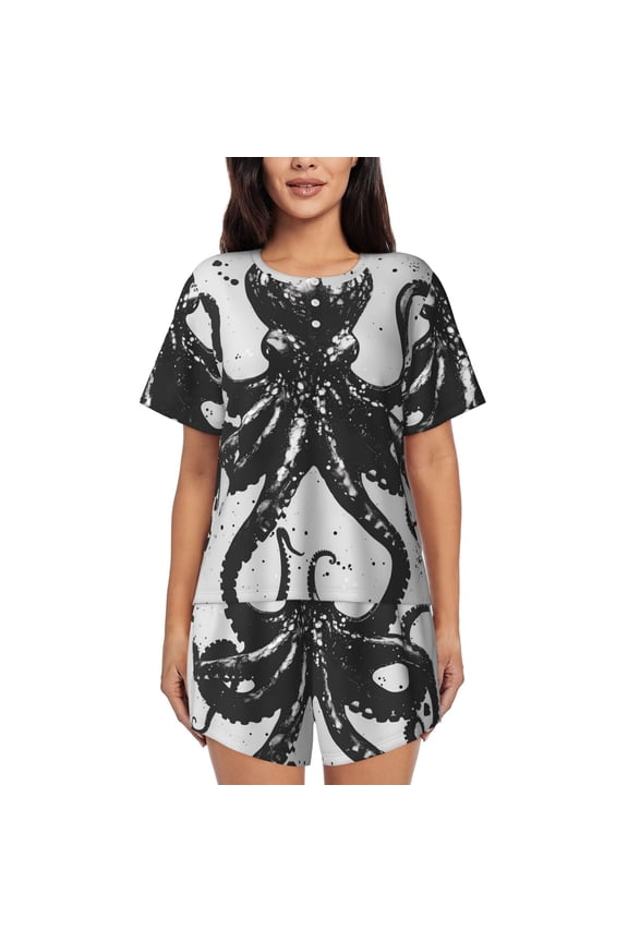 Abstract Ink Octopus Print Womens Pajama Sets 2 Piece Soft Short Sleeve Top and Shorts Sleepwear Round Neck Pjs Lounge Set