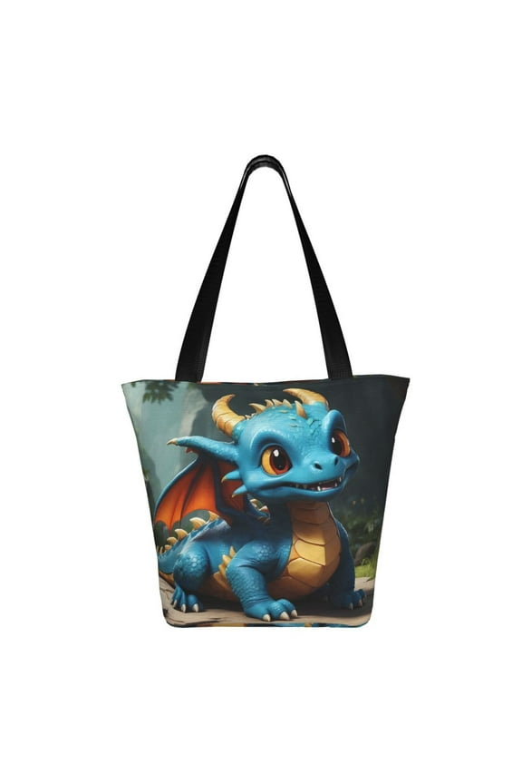 Adorable Blue Baby Dragon Print Shoulder Bag for Women, Polyester Crossbody Purse Lightweight Handbag for Daily Travel and Casual Use