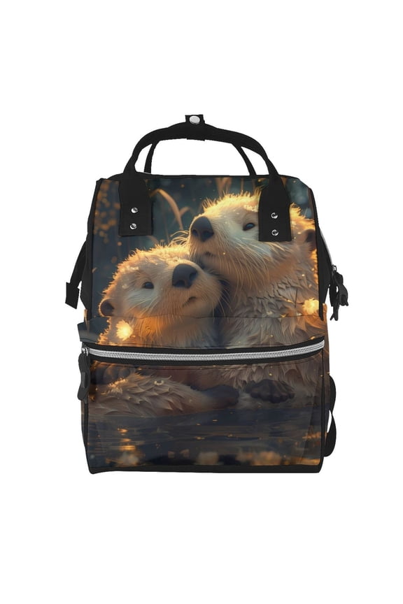 Adorable Otter Pair Hug Mummy Backpack - Waterproof Twill Canvas, Large Capacity Diaper Bag with Multiple Pockets and Adjustable Straps