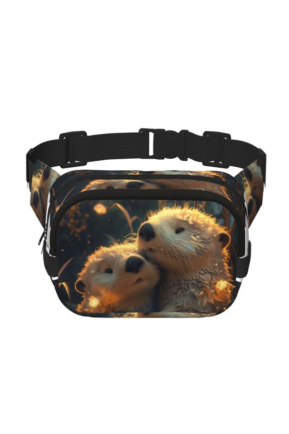 Adorable Otter Pair Hug Pattern Square Double Layer Waist Bag, Durable Twill Fabric Waist Pack with Adjustable Belt,Outdoor Hiking, Running, Travel Waist Bag