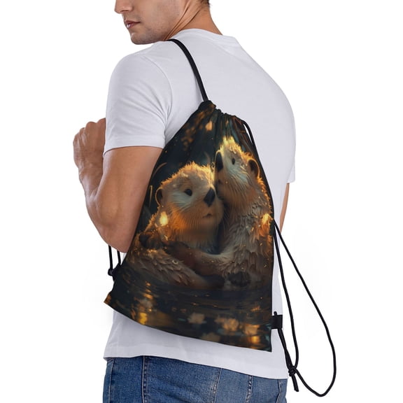Ratiio Adorable Otter Pair Hug Print Drawstring Backpack Bag Sport Gym Sackpack Heavy Duty String Backpack for Men Women