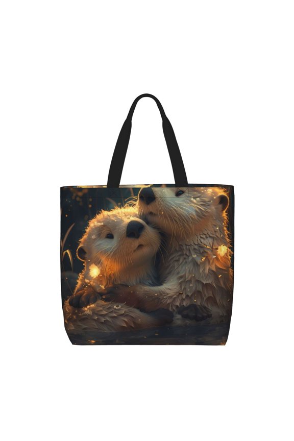 Adorable Otter Pair Hug Print Reusable Grocery Bag Shopping Bags with Zipper Shoulder Shopping Handle Bag Suitable for Outdoor Convenient Daily Bag