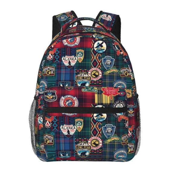 Ratiio Adventure Camping Badge Print Eco-Friendly Casual Backpack, Water-Resistant Polyester Canvas Daypack with Smooth Zippers, Comfortable & Durable Travel Bag with Laptop Compartment