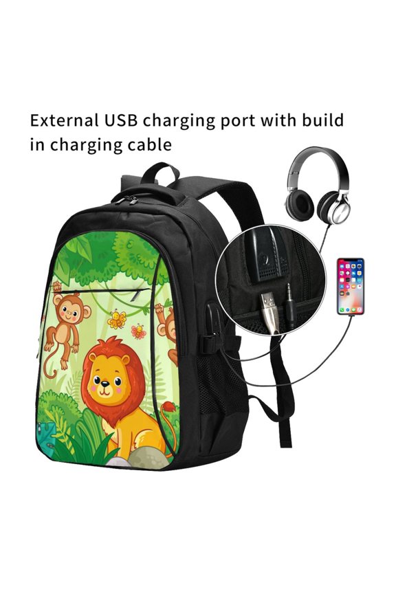 African Animals in the Jungle Print Travel Laptop Backpack,Slim Sturdy Laptops Backpack with USB Charging Port, Water Resistant College School Computer Bag