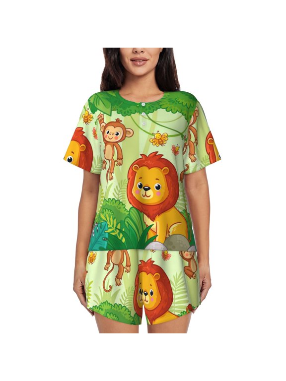 African Animals in the Jungle Print Womens Pajama Sets 2 Piece Soft Short Sleeve Top and Shorts Sleepwear Round Neck Pjs Lounge Set