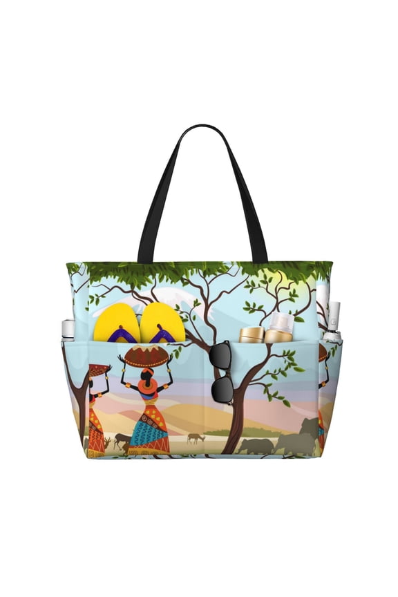 African Women Print Large Capacity Beach Travel Bag, Polyester Waterproof Tote Bag with Zipper for Vacation and Daily Use
