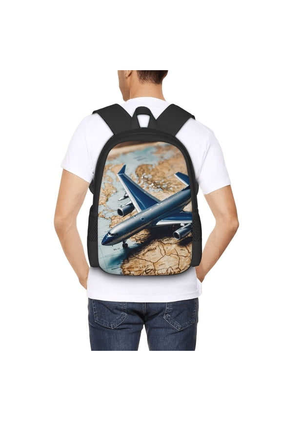 Airplane World Map Adventure Backpack for Men and Women - Durable 600D Oxford Cloth -Large Capacity, Water-Resistant School, Travel, and Hiking Bag