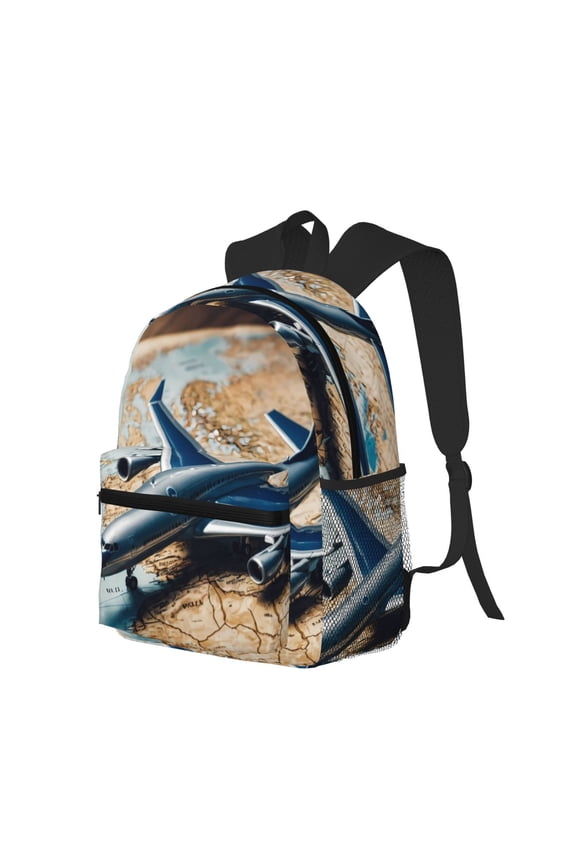Airplane World Map Adventure Print Casual Backpack for Men and Women, Water Resistant Oxford Fabric School Bag Lightweight Travel Daypack