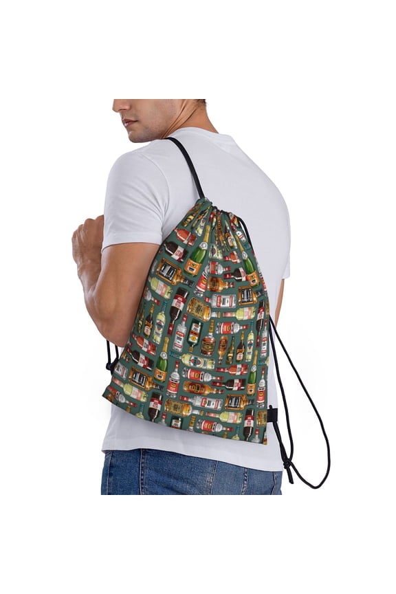 Alcohol Bottles Print Drawstring Backpack Bag Sport Gym Sackpack Heavy Duty String Backpack for Men Women