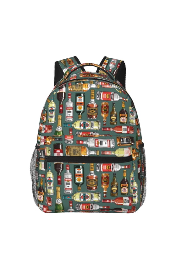 Alcohol Bottles Print Eco-Friendly Casual Backpack, Water-Resistant Polyester Canvas Daypack with Smooth Zippers, Comfortable & Durable Travel Bag with Laptop Compartment