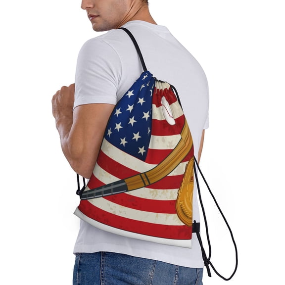 Ratiio American Flag And Baseball Print Drawstring Backpack Bag Sport Gym Sackpack Heavy Duty String Backpack for Men Women