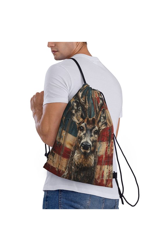 American Flag Deer Art Print Drawstring Backpack Bag Sport Gym Sackpack Heavy Duty String Backpack for Men Women