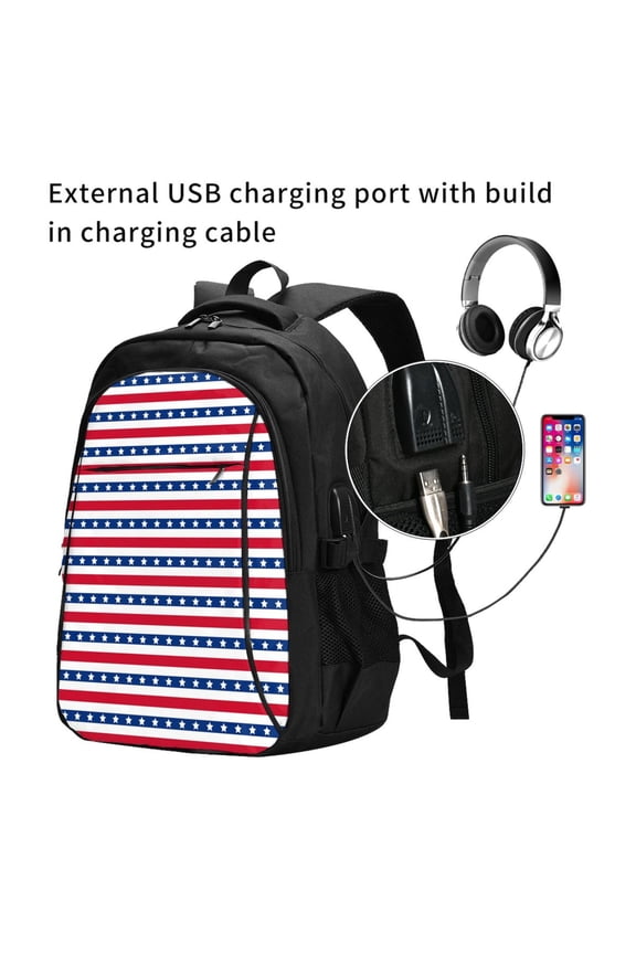 American Patriotic Stars And Stripes Print Travel Laptop Backpack,Slim Sturdy Laptops Backpack with USB Charging Port, Water Resistant College School Computer Bag