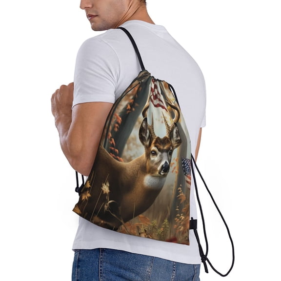 Ratiio American Wildlife Deer Forest Print Drawstring Backpack Bag Sport Gym Sackpack Heavy Duty String Backpack for Men Women
