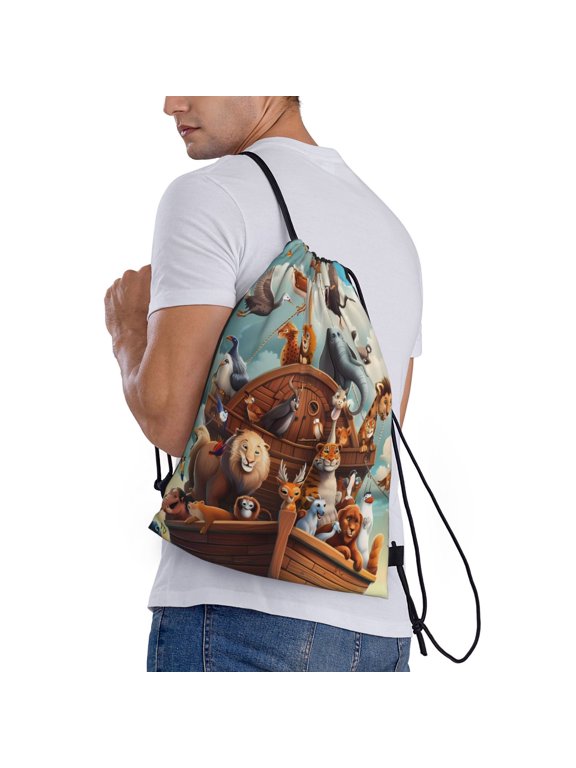 Animal Filled Noahs Ark Print Drawstring Backpack Bag Sport Gym Sackpack Heavy Duty String Backpack for Men Women