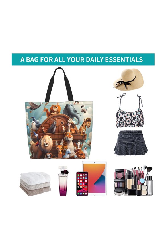 Animal Filled Noahs Ark Print Reusable Grocery Bags - Washable, Foldable, Packable Tote, Large Handles, Heavy Duty, Zippered Top Pouch