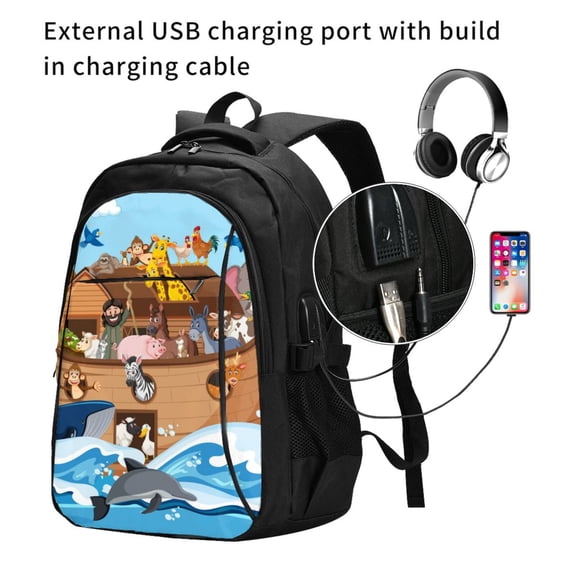 Ratiio Animals on Noah's Ark Floating Print Travel Laptop Backpack,Slim Sturdy Laptops Backpack with USB Charging Port, Water Resistant College School Computer Bag