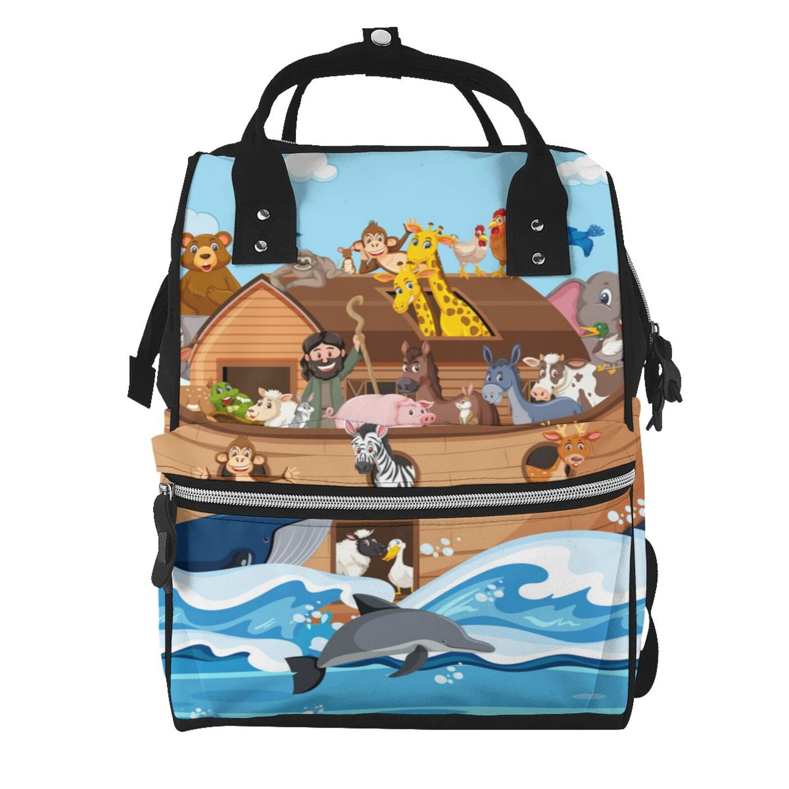 Ratiio Animals on Noah's Ark Floating Mummy Backpack - Waterproof Twill Canvas, Large Capacity Diaper Bag with Multiple Pockets and Adjustable Straps