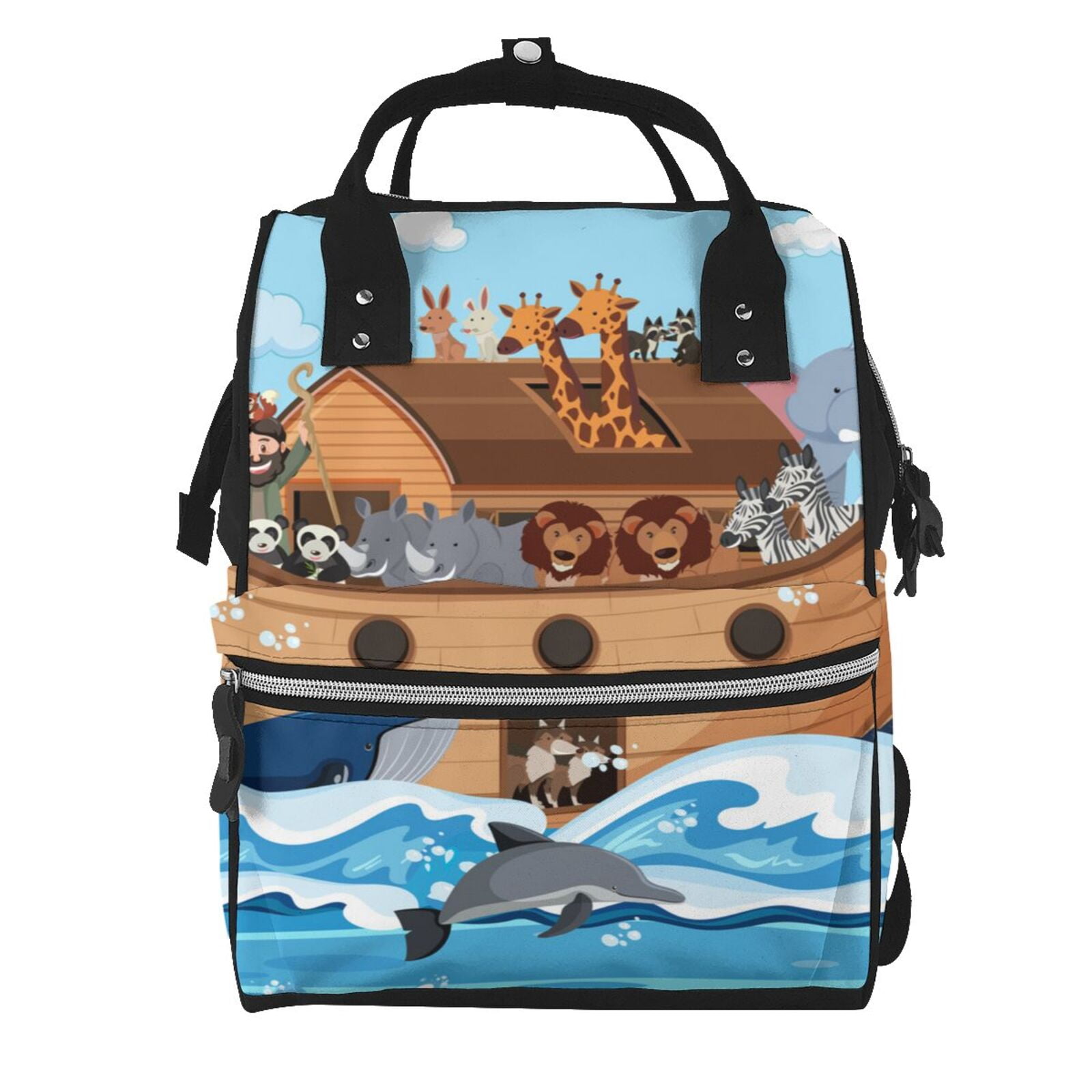 Ratiio Animals on Noah's Ark Mummy Backpack - Waterproof Twill Canvas, Large Capacity Diaper Bag with Multiple Pockets and Adjustable Straps