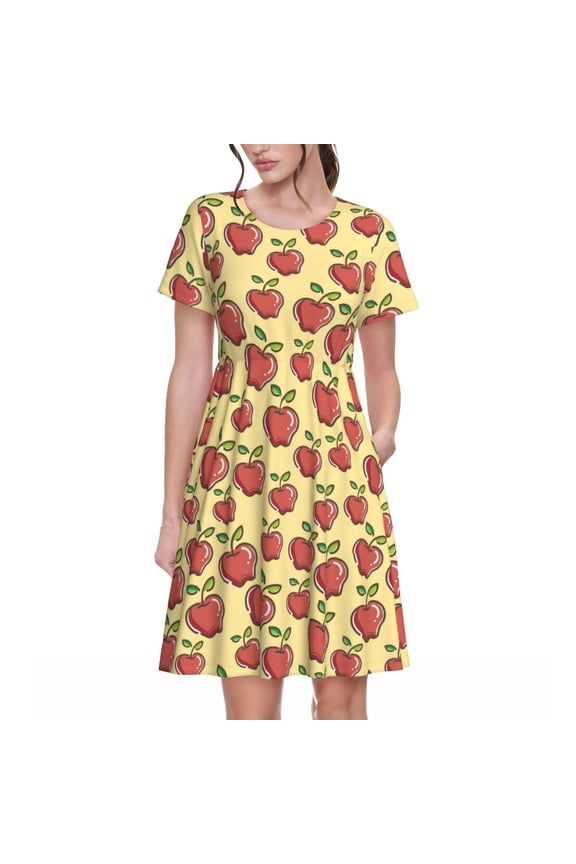 Apple Print Women's Short Sleeve Dress - Casual A-Line Dress with Side Pockets, Elastic Waist, Comfortable and Breathable Summer Dress