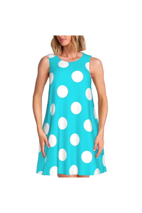Aqua And White Polka Dot Pattern Women's Sleeveless Dress - Casual Summer Dress with Pockets, Above Knee Length, Round Neck, Ideal for Beach, Vacation, Work