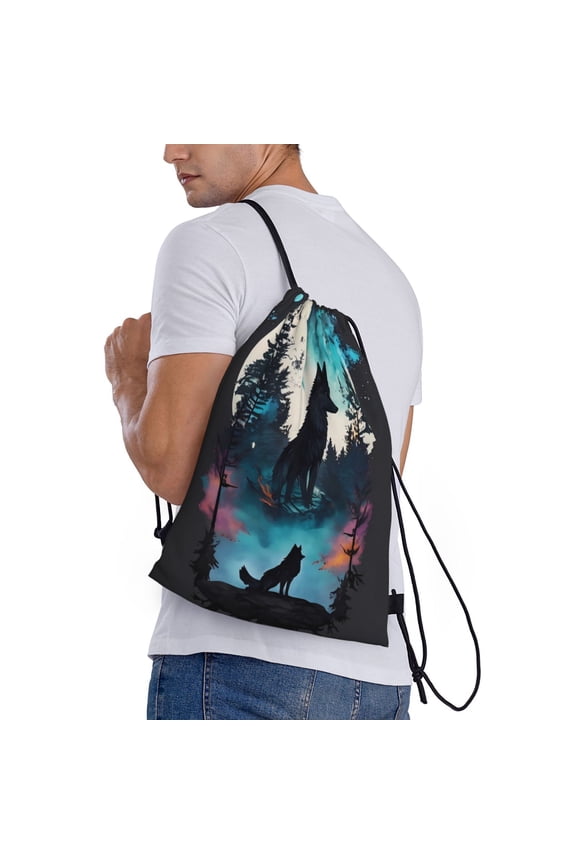 Artistic Moon Valley Wolf Print Drawstring Backpack Bag Sport Gym Sackpack Heavy Duty String Backpack for Men Women