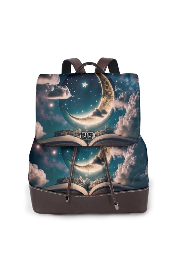 Artistic Starry Sky Moon Book Pattern Womens Backpack Purse Leather Backpack Purse for Women Travel Fashion Backpack Designer Ladies Shoulder Bags